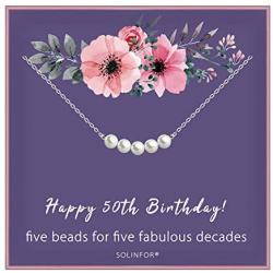 50th Birthday Gifts for Women - Sterling Silver Necklace Five Pearls for Her 5 Decades - 50 Years Old Jewelry Gift Idea