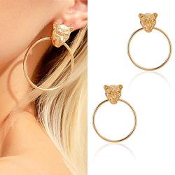 Doubnine Lion Head Earrings Gold Circle Dangle Baroque Animal Earrings Women Accessories Gift