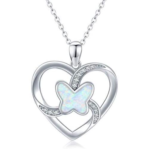Waysles Butterfly Necklaces for Women, Butterfly Crystal Opal Necklace with Premium Birthstone, Silver-Tone, 18”+2” Chain