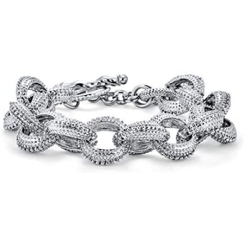 Bling Jewelry Fashion Statement Chunky Texture Large Oval Interlocking Link Chain Matt Silver Or Gold Plated Bracelet for Women Toggle Clasp Closure