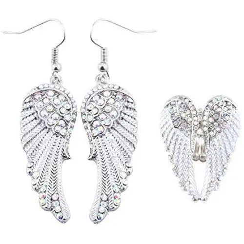 2 Pcs Womens Crystal Guardian Angel Wings Dangle Earrings & Angel Vintage Long Drop Earrings Wings Adjustable Rings Christmas Biker Jewelry - Lead & Nickle Free - 2 Pcs Womens Crystal Guardian Angel Wings Dangle Earrings & Angel Vintage Long Drop Earrings Wings Adjustable Rings Christmas Biker Jewelry - Lead & Nickle Free -