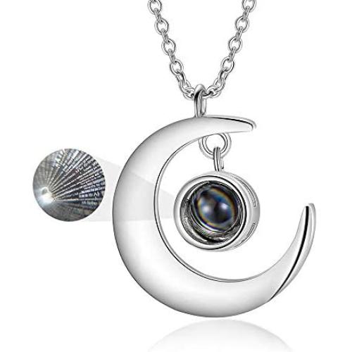 SOULMEET Sterling Silver Moon Necklace with I Love You in 100 Languages Projection Jewelry Gifts for Girlfriend Wife Mom Daughter Sister
