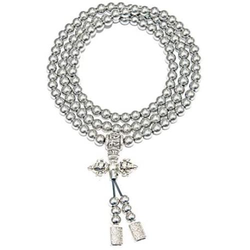 Chimok Full Stainless Steel Buddha Beads Necklace, Destiny Nepal Prayer Hand Bracelet,108 Buddhist Mala Beads for Meditation Prayer,Self Denfense Necklace