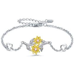 Sunflower Bracelet Jewelry Gifts for Women Friends Sister 925 Sterling Silver Sunflower Sunshine Wrist Link Bracelet for Birthday Christmas Mother’s Day Valentines