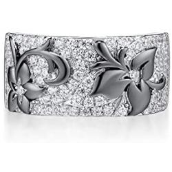 Santuzza Black Flower Ring 925 Sterling Silver Sparkling White Cubic Zirconia Statement Rings Jewelry for Women