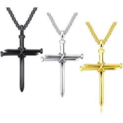 3PCS Fashion Jewelry Polished Stainless Steel Nail Cross Pendant-Chain Necklace Christian Jewelry Church Baptism Gift Cross Pendant Necklaces for Men Women (Gold Silver Black)