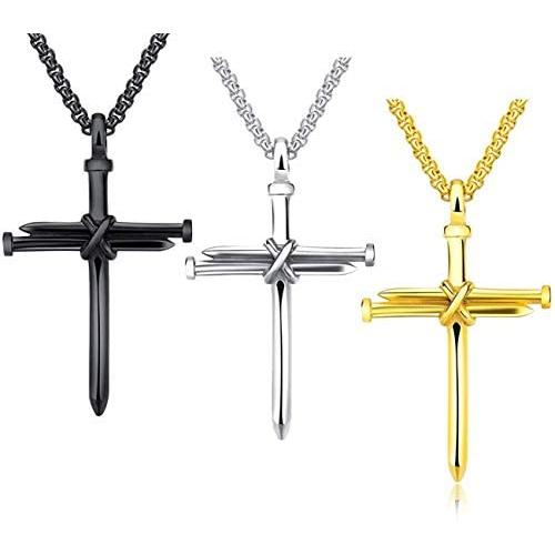 3PCS Fashion Jewelry Polished Stainless Steel Nail Cross Pendant-Chain Necklace Christian Jewelry Church Baptism Gift Cross Pendant Necklaces for Men Women (Gold Silver Black)
