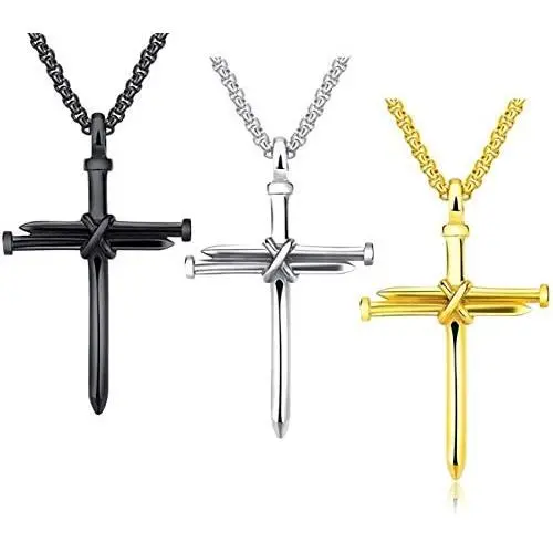 3PCS Fashion Jewelry Polished Stainless Steel Nail Cross Pendant-Chain Necklace Christian Jewelry Church Baptism Gift Cross Pendant Necklaces for Men Women (Gold Silver Black)