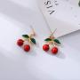 TIANHONGYAN 18K Gold Plated Fruit Cherry Earring Unique 3D Green Leaf Red Cherry Charm Tassel Dangle Drop Stud Earrings for Women Girls Jewelry Gift