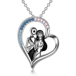 Nightmare Necklace Before Christmas Gifts Jewelry Sterling Silver Heart Jack Skellington and Sally Pendant Necklace Skull Christmas Jewelry Gifts for Women