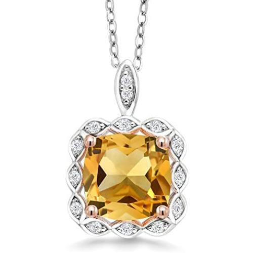 Gem Stone King 925 Sterling Silver Yellow Citrine Pendant Necklace 3.17 Cttw Cushion Cut Gemstone Birthstone with 18 Inch Silver Chain