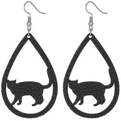 Black Cat Earrings for Women Scary Halloween Cosplay Party Favors Gift Halloween Earrings Small Cat Earrings Drop Dangle Fashion Jewelry Teardrop Faux Leather Earring Dangle Halloween Costume