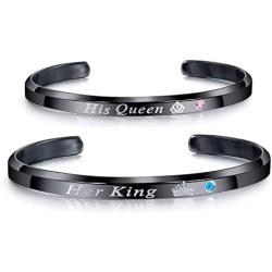 Cupimatch 2pcs CZ His Queen Her King Couple Bracelets Set,Titanium Stainless Steel His and Hers Love Crown Matching Cuff Bangle Jewelry