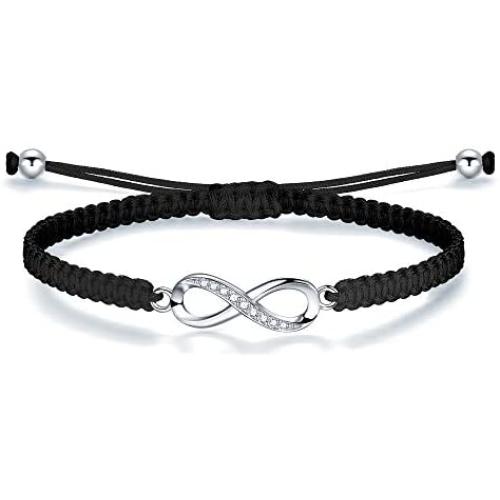 ZENI Infinity Bracelet for Women, Handmade Black Rope Braided Bracelet with 925 Silver Adjustable Bracelet Love Friendship Christmas Jewelry Gift