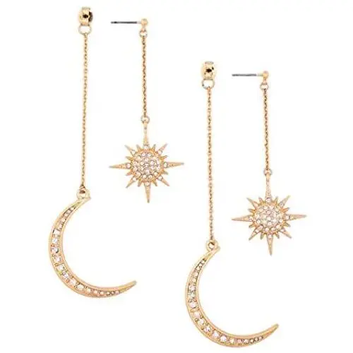 SMALLLOVE Moon Star Earrings for Women Girls Fashion Gold Shiny Crystal Sun and Moon Dangle Drop Earring with Long Chain Jewelry Gift for Wedding or Daily Wear