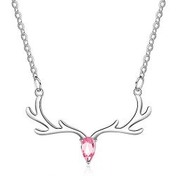 Yesmini Antler Pendant Necklaces - 925 Sterling Silver Necklace with 5A Cubic Zirconia, Minimalist Style Clavicle Chain with Reindeer Charm, Slider Adjustable Necklaces for Women and Girl