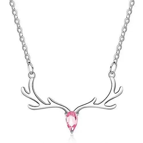 Yesmini Antler Pendant Necklaces - 925 Sterling Silver Necklace with 5A Cubic Zirconia, Minimalist Style Clavicle Chain with Reindeer Charm, Slider Adjustable Necklaces for Women and Girl