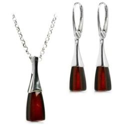Black Cherry Amber Sterling Silver Modern Set Leverback Earrings Necklace 18 Inches
