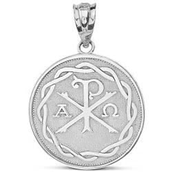 925 Sterling Silver Chi Rho Alpha Omega Symbol Medallion Round Pendant