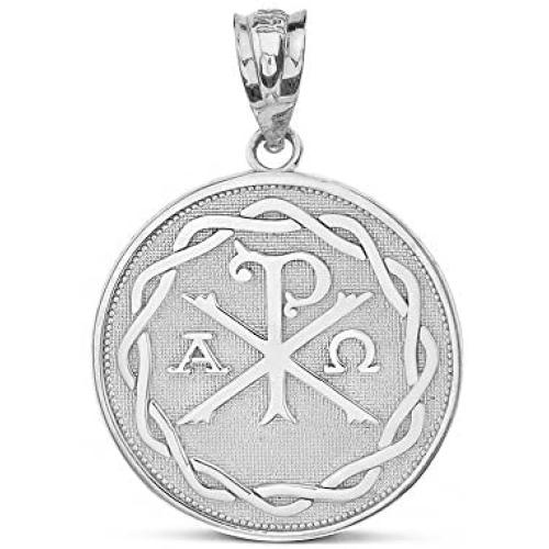 925 Sterling Silver Chi Rho Alpha Omega Symbol Medallion Round Pendant
