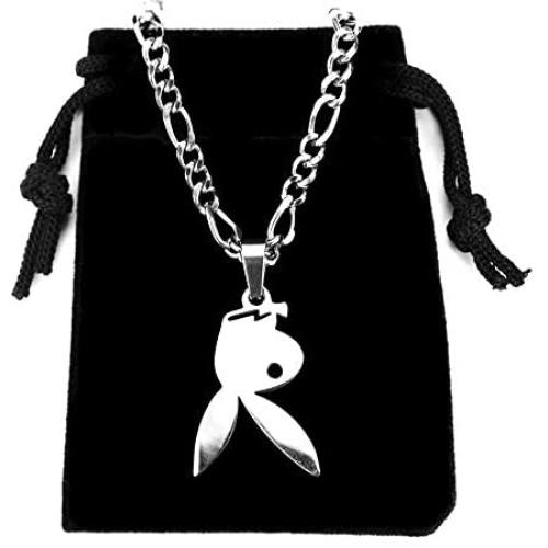 Upside Down Playboy Bunny Necklace, on 20'' Figaro chain, Pure 304 Stainless Steel, Playboi Chain Rabbit Tattoo Symbol Charm Pendant Jewelry Gift 20'' (50.8cm) Curb Chain