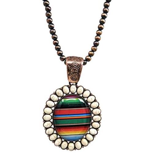 Elosee Turquoise Stone Framed Serape Glass Bubble Pendant Native Pearl 24 Inch Long Necklace