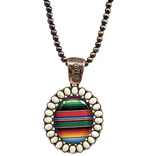 Elosee Turquoise Stone Framed Serape Glass Bubble Pendant Native Pearl 24 Inch Long Necklace