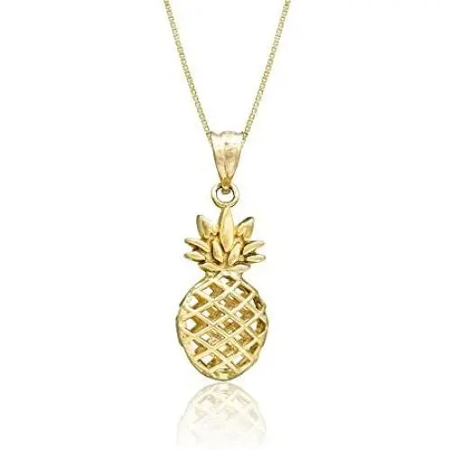 Honolulu Jewelry Company 14K Yellow Gold Pineapple Necklace Pendant with 18'' Box Chain
