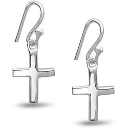 925 Solid Sterling Silver Dangling Minimalist Small Cross Earrings - Dangle Tiny Simple Christian Jewelry