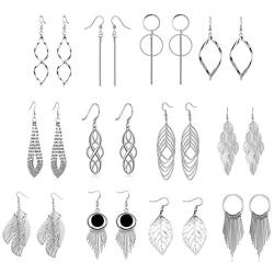 LAIMALA 12 Pairs Drop Dangle Earrings Boho Fashion Jewelry Vintage Statement Bohemian Silver Earrings Set Women Girls For Valentines Day/Birthday Gifts
