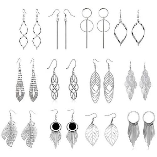 LAIMALA 12 Pairs Drop Dangle Earrings Boho Fashion Jewelry Vintage Statement Bohemian Silver Earrings Set Women Girls For Valentines Day/Birthday Gifts