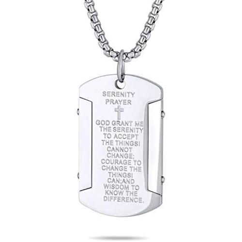 Bling Jewelry Personalize Inspirational Message Religious Mantra Stackable Military Style Serenity Prayer Dog Tag Pendant Necklace for Men Teen Silver Tone Stainless Steel