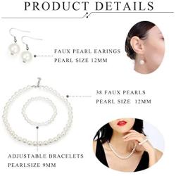 Finrezio Faux Pearl Crystal Necklace Earring Bracelet Set for Women Wedding Bridal Jewelry