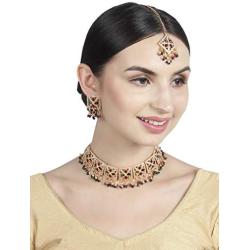 Crunchy Fashion Bollywood Style Traditional Indian Wedding Jewelry Green-Red peal Choker Necklace with Earring & tika Set for Women Girls