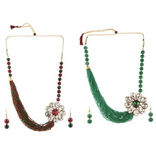 Efulgenz Fashion Chunky Multi Layered Faux Pearl Crystal Floral Statement Necklace Earrings Costume Jewelry Set (Color Options)