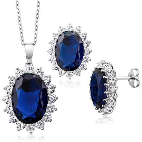 925 Sterling Silver Blue Simulated Sapphire Pendant Necklace and Earrings Set Bundle