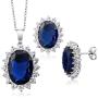 925 Sterling Silver Blue Simulated Sapphire Pendant Necklace and Earrings Set Bundle