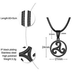 PJ Jewelry Mens Celtic Symbol Triskelion Pendant Stainless Steel Triskele Triple Spiral Necklace with Leather Chain