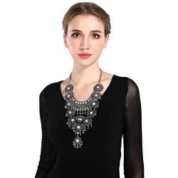 Zhenhui Statement Necklace for Women - Fashion Silver Long Bohemian Indian Jewelry Oxidized Chunky Necklace for Women Big Bib Ethnic Costume Jewelry (1)