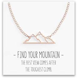 Happy Kisses Mountain Necklace for Women with Snow Top – Pendant Gift for Skiers, Hikers, Campers, Climbers and Nature Lovers – Silver, Rose Gold & Gold