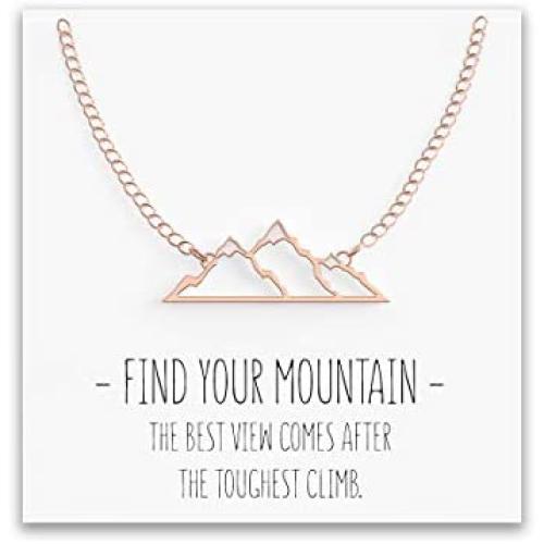 Happy Kisses Mountain Necklace for Women with Snow Top – Pendant Gift for Skiers, Hikers, Campers, Climbers and Nature Lovers – Silver, Rose Gold & Gold