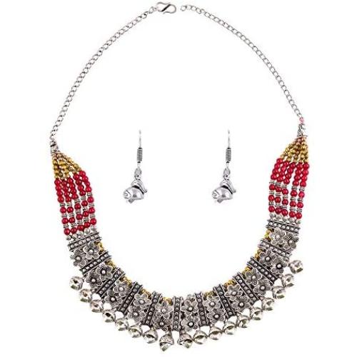 Saissa Oxidised Metal Choker Indian Boho Necklace Earrings Jewelry Set for Women