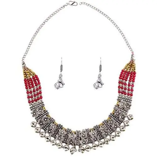Saissa Oxidised Metal Choker Indian Boho Necklace Earrings Jewelry Set for Women Saissa Oxidised Metal Choker Indian Boho Necklace Earrings Jewelry Set for Women