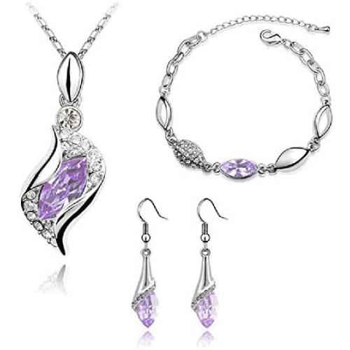 Graces Dawn Beautiful Cubic Zirconia with Platinum Plated Chain Necklace Angel Elf Pendant Mosaic Crystal Necklace Bracelet and Earrings Set Necklace 18'' (Light Purple)