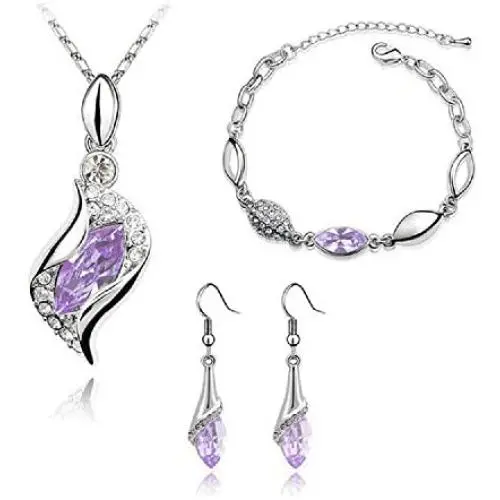 Graces Dawn Beautiful Cubic Zirconia with Platinum Plated Chain Necklace Angel Elf Pendant Mosaic Crystal Necklace Bracelet and Earrings Set Necklace 18'' (Light Purple)