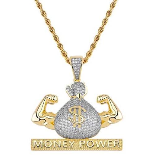 TOPGRILLZ Iced Out Pendant US Dollar Money Style 14K Gold Plated Cubic Zircon Necklace for Men Women Hip Hop Rock Jewelry Gifts