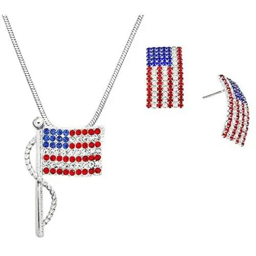 Lola Bella Gifts Crystal USA American Flag Pendant Necklace and Earrings Set with Gift Box Lola Bella Gifts Crystal USA American Flag Pendant Necklace and Earrings Set with Gift Box