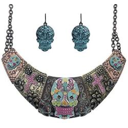 Sugar Skull Patina Burnish Multi Tone Plated Handpainted Statement 19 Inch Necklace and Earrings