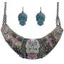 Sugar Skull Patina Burnish Multi Tone Plated Handpainted Statement 19 Inch Necklace and Earrings