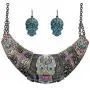 Sugar Skull Patina Burnish Multi Tone Plated Handpainted Statement 19 Inch Necklace and Earrings